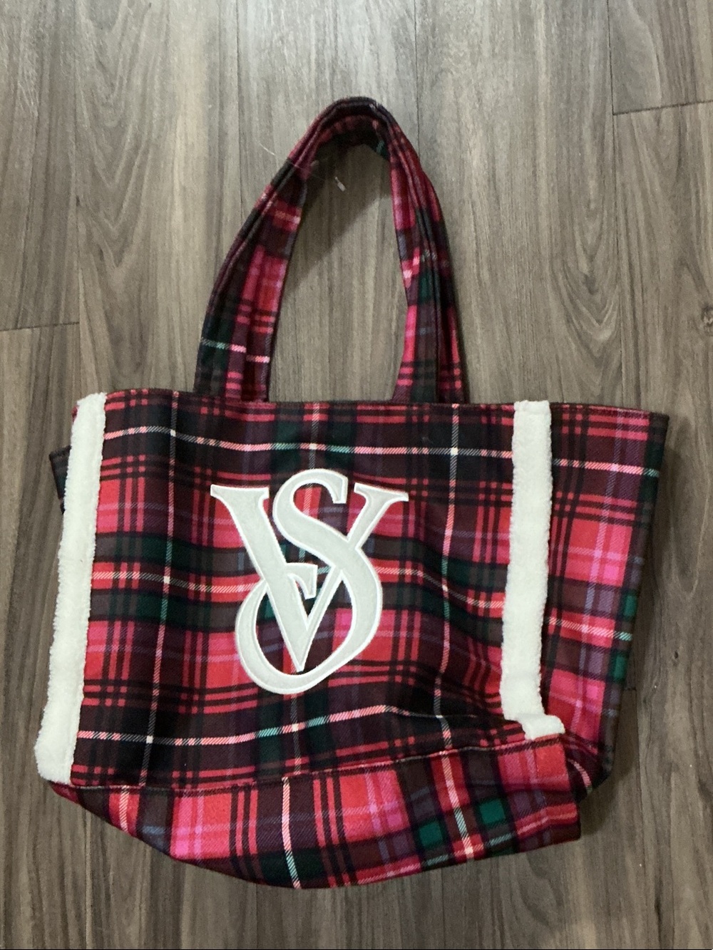 Victoria's Secret Pink and Red Plaid Tote with Sherpa Trim